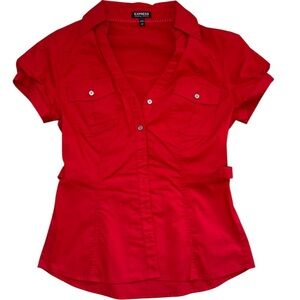 Express Red Short Sleeve Essential Stretch Button-Down Shirt with Chest Pockets